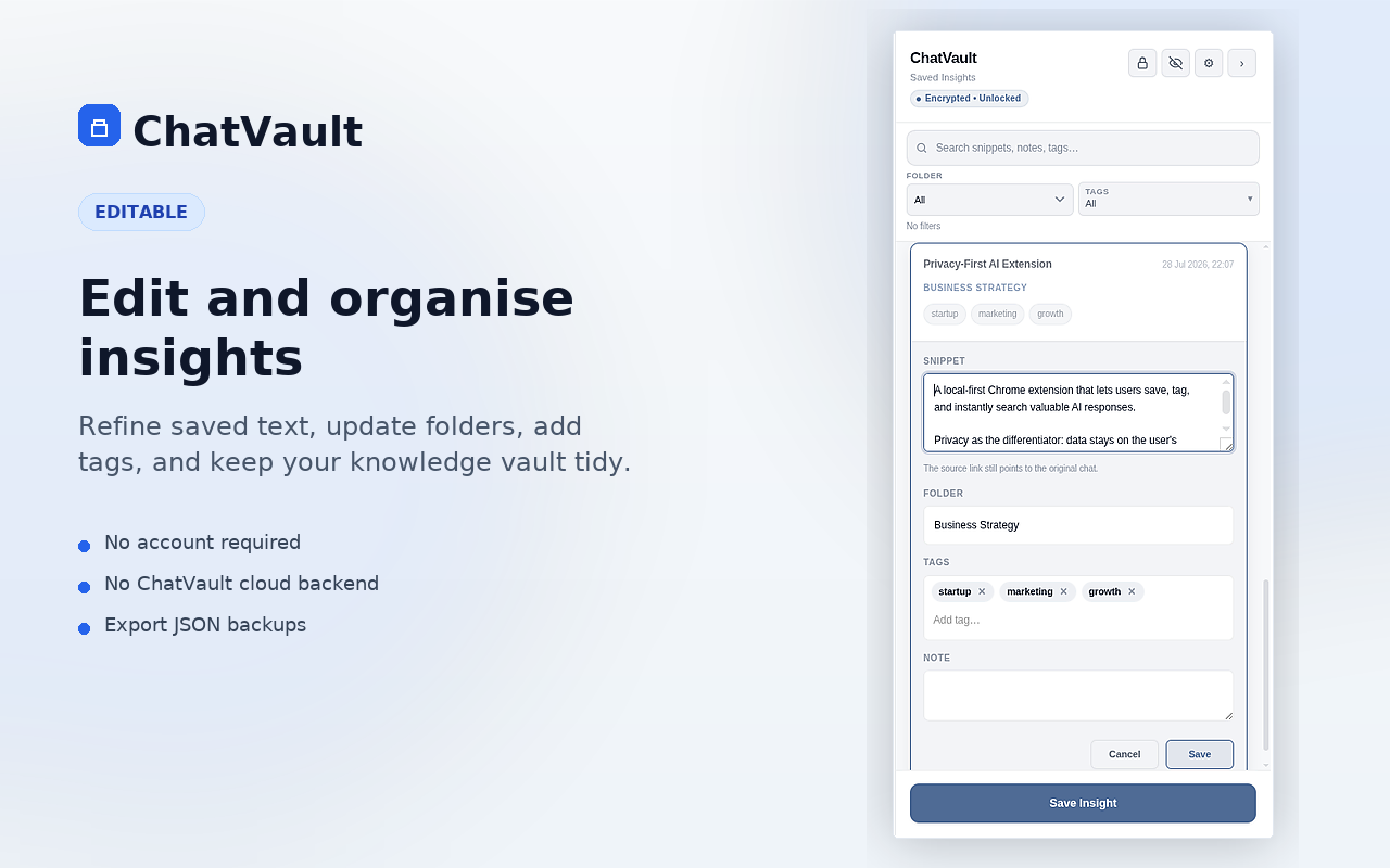ChatVault edit insight view for updating snippet text, folder, tags, and notes