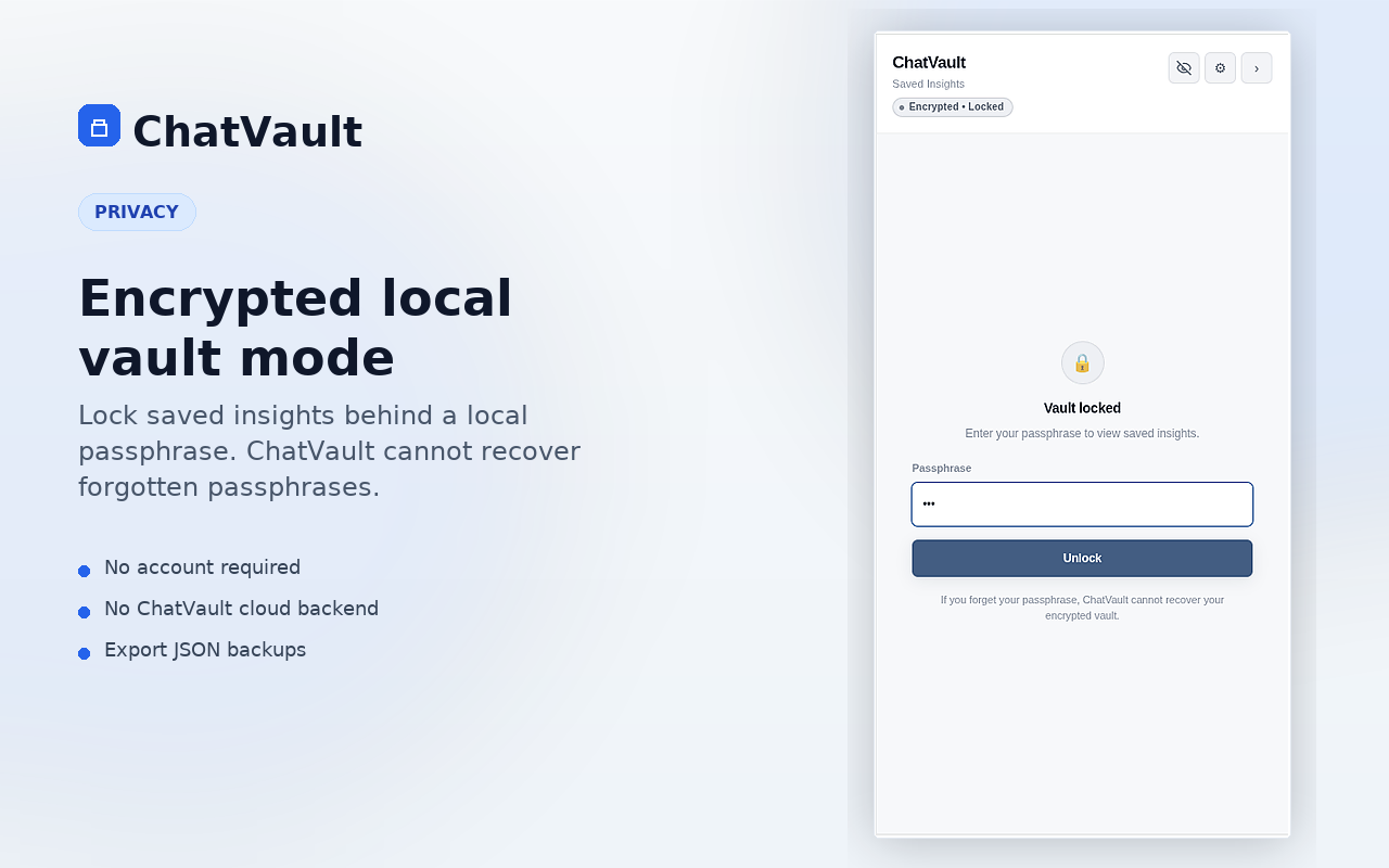 ChatVault encrypted vault locked screen asking for a local passphrase to unlock saved insights