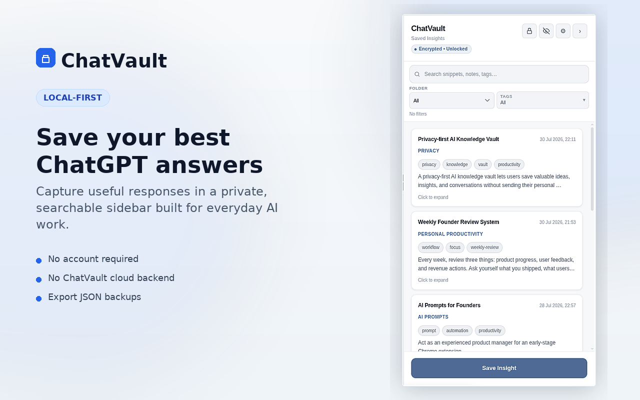 ChatVault main vault showing a local sidebar of saved ChatGPT insights with folders, tags, and search