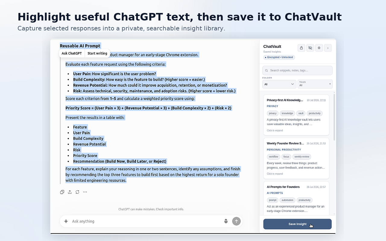 ChatVault save workflow with ChatGPT text highlighted and the Save Insight button in the sidebar