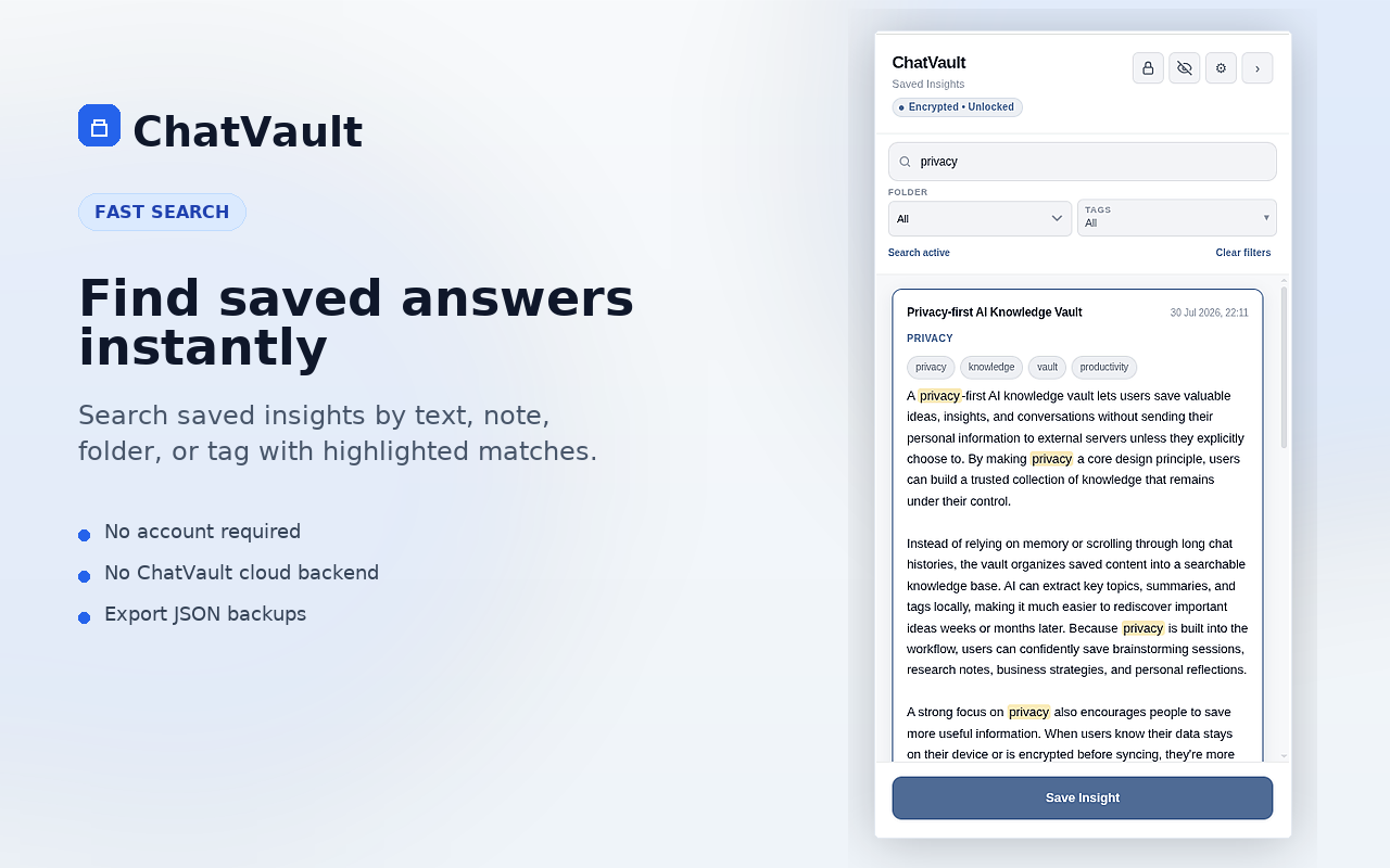 ChatVault search with highlighted matches for the word privacy inside a saved insight